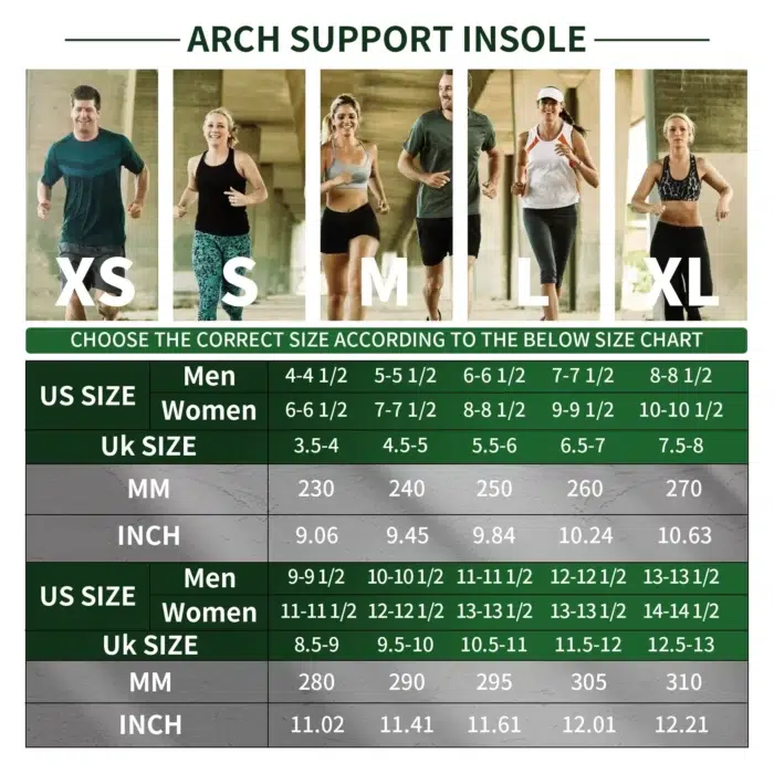 flat feet insole size chart