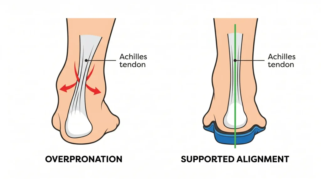 Biomechanical illustration showing how firm arch support insoles correct overpronation and align the Achilles tendon.