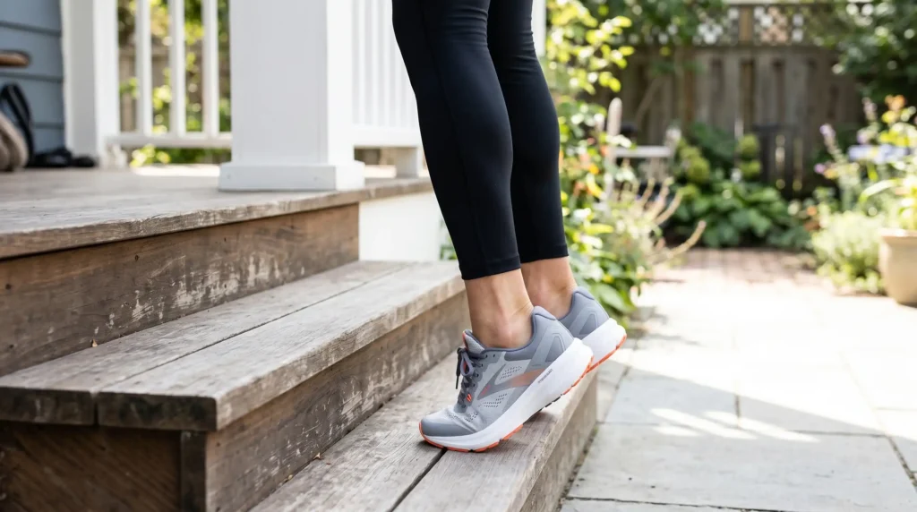 An athlete performing eccentric calf drop exercises on a wooden stair to rehabilitate the Achilles tendon.
