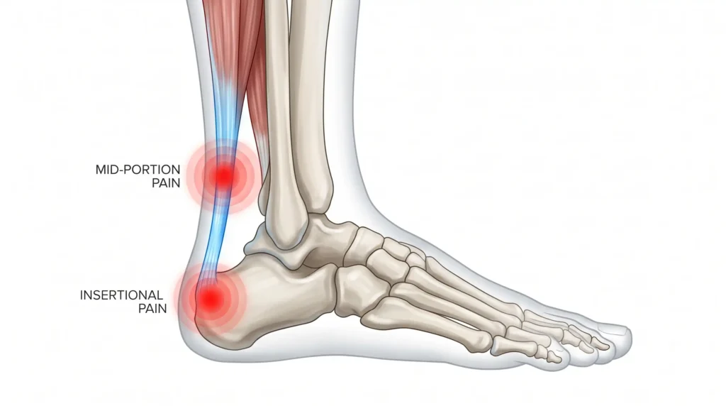 Anatomical diagram showing the exact pain locations for insertional versus mid-portion Achilles tendonitis.