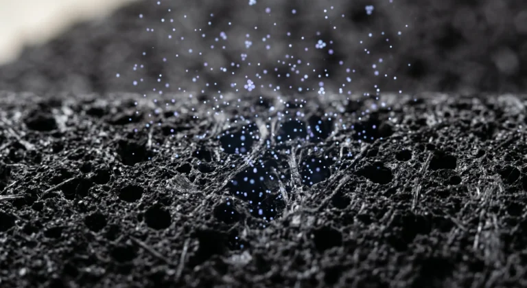 Close-up macro view showing a black textured bamboo charcoal insole surface with a porous network actively absorbing water molecules.
