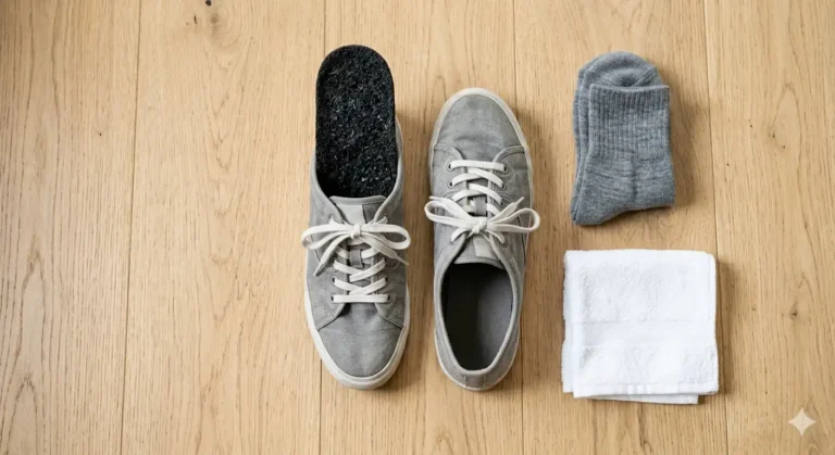 A flat-lay composition featuring a pair of shoes, bamboo charcoal insoles, moisture-wicking merino wool socks, and a towel.
