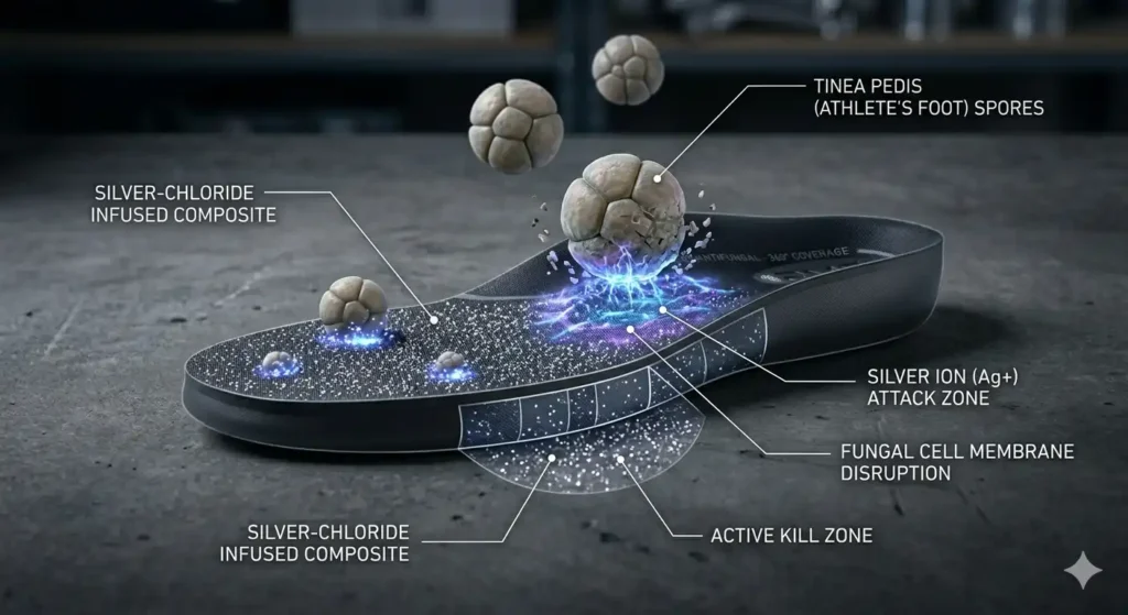 Conceptual illustration of silver ions disrupting fungal cell membranes on the surface of an antifungal shoe insole.
