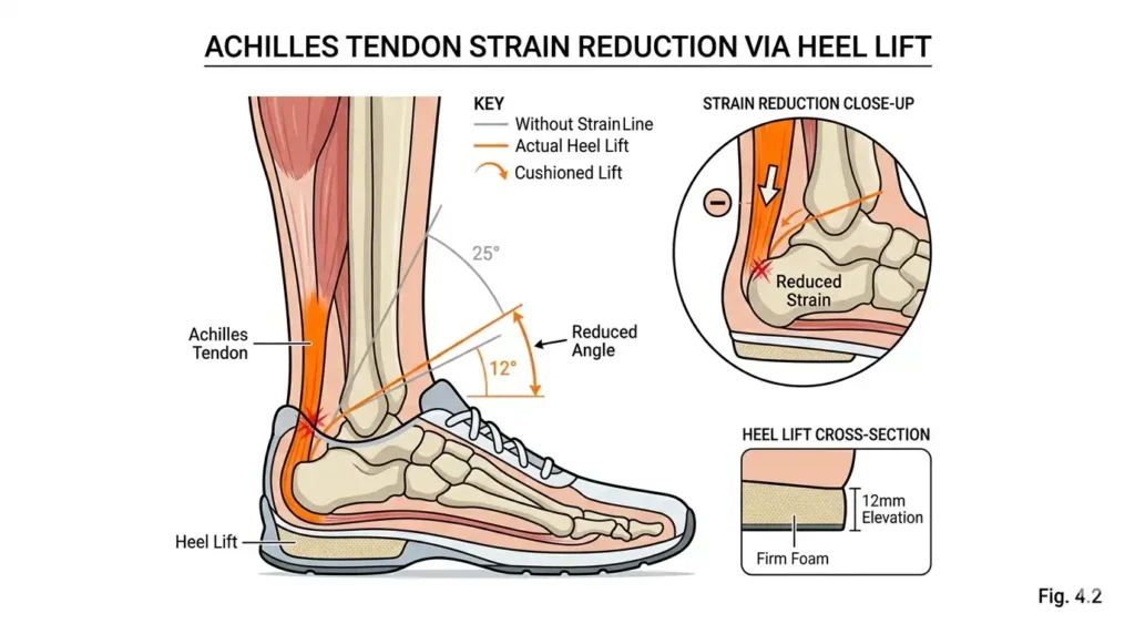 Side view anatomical drawing of a lower leg and foot with the Achilles tendon highlighted in orange, showing a cushioned heel lift that reduces tendon strain, with labels for Achilles tendon, heel lift, and reduced strain.