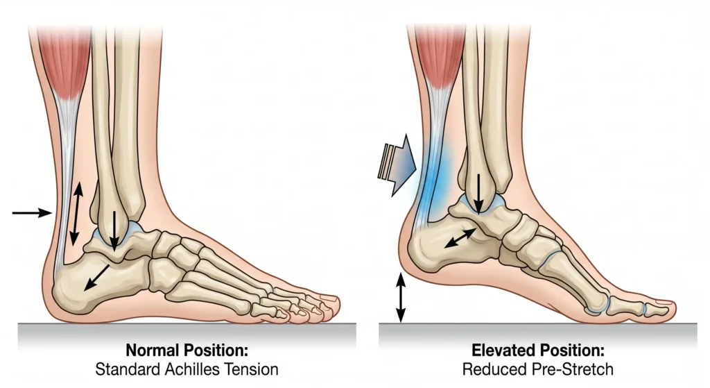 A medial view diagram illustrating how a raised heel reduces the rest angle of the ankle, thereby shortening the Achilles tendon and decreasing tensile stress during movement.