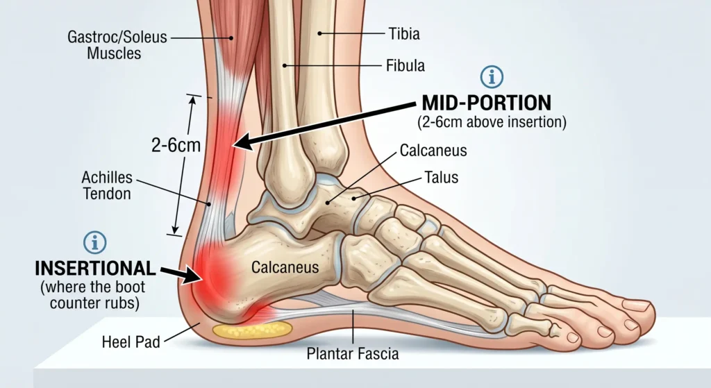 Anatomical diagram of the lower leg highlighting the difference between insertional tendonitis at the heel bone and mid-portion tendonitis 2–6cm higher.