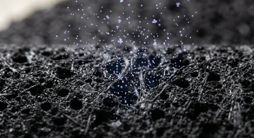 A close-up, conceptual diagram showing moisture and odor molecules being absorbed into the porous structure of a black charcoal insole