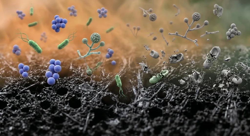 A conceptual illustration of microorganisms, including diverse bacteria and fungi spores, approaching and being inhibited near the dark, highly textured surface of an antimicrobial charcoal insole.