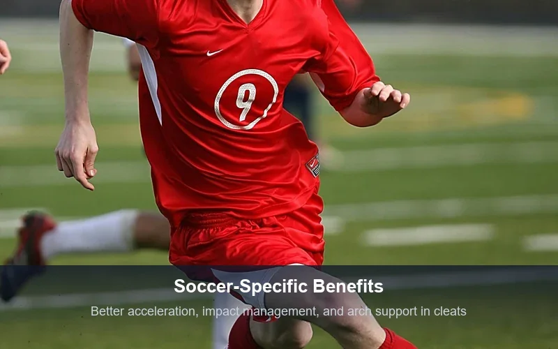 Soccer player in action on field showing carbon fiber insole benefits for acceleration and impact management