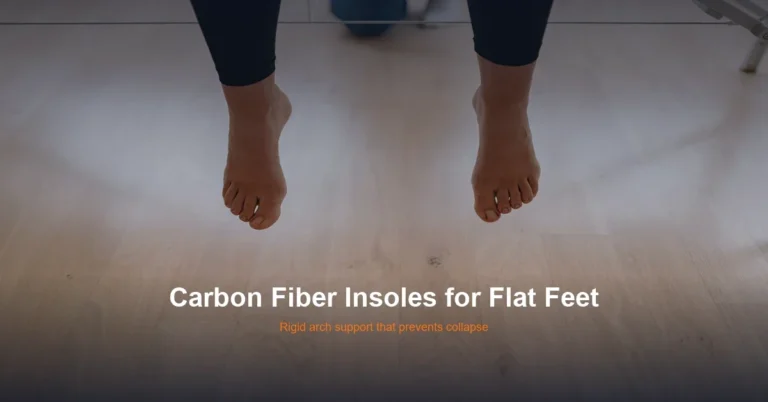 Bare feet on wooden floor representing flat feet - carbon fiber insoles provide arch support