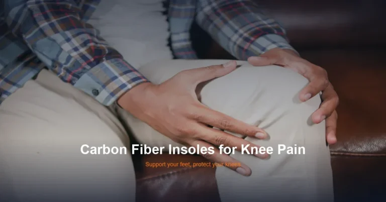 Person sitting on sofa holding knee in pain - carbon fiber insoles help relieve knee pain