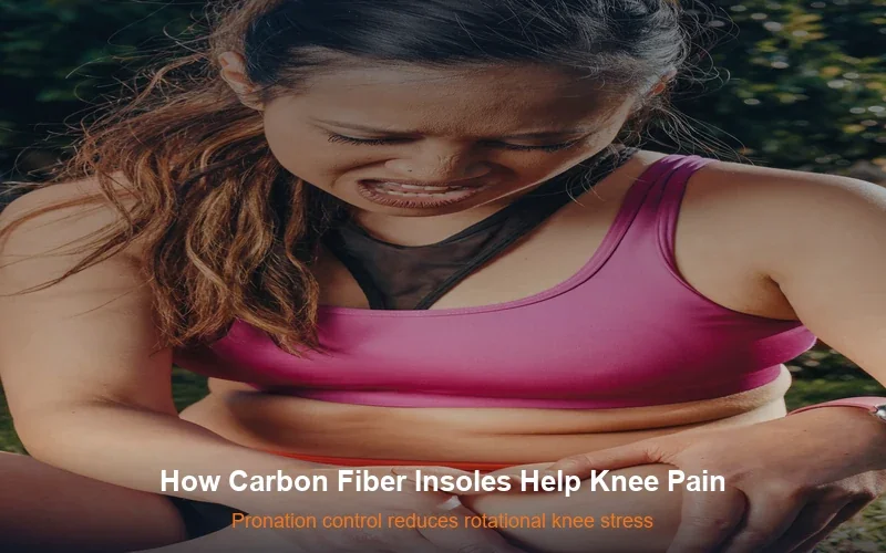 Asian woman in sportswear holding knee in pain - carbon fiber insoles help with knee pain during activity