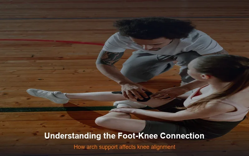 Therapist applying kinesiology tape to knee - foot mechanics affect knee joint health