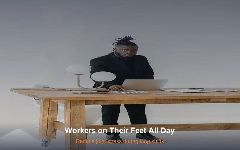 Person standing at work in retail setting - carbon fiber insoles help workers with knee pain