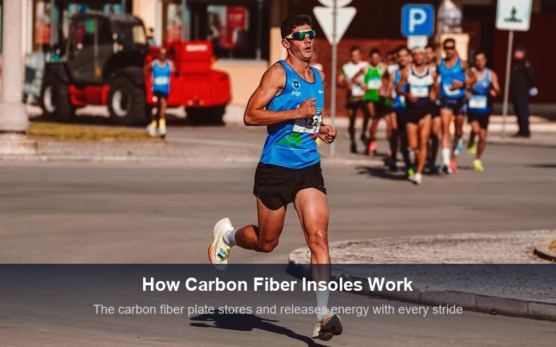 Runner in stride demonstrating carbon fiber insole energy return
