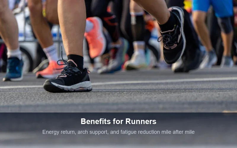 Close-up of running shoes and feet in motion showing carbon fiber insole benefits