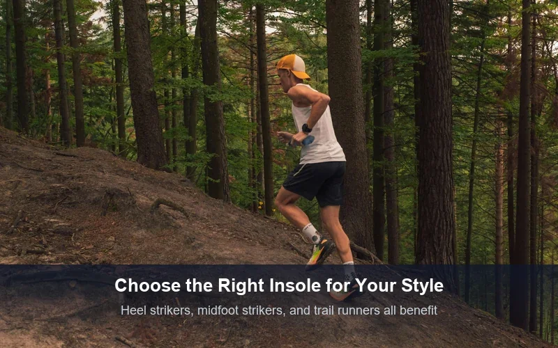 Trail runner on path demonstrating different running style insole needs