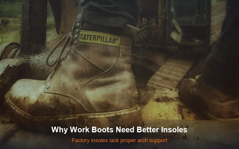 Muddy work boot on construction site - work boots need better insoles for arch support