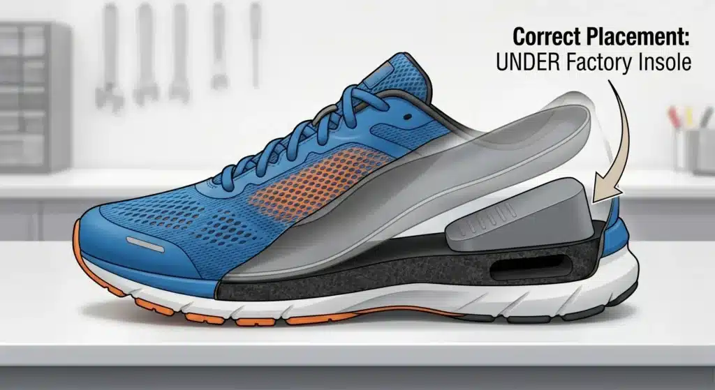 An illustration of a generic athletic shoe, partially disassembled. The original factory liner is lifted, revealing a rubber heel lift correctly placed *underneath* the liner against the shoe’s midsole.