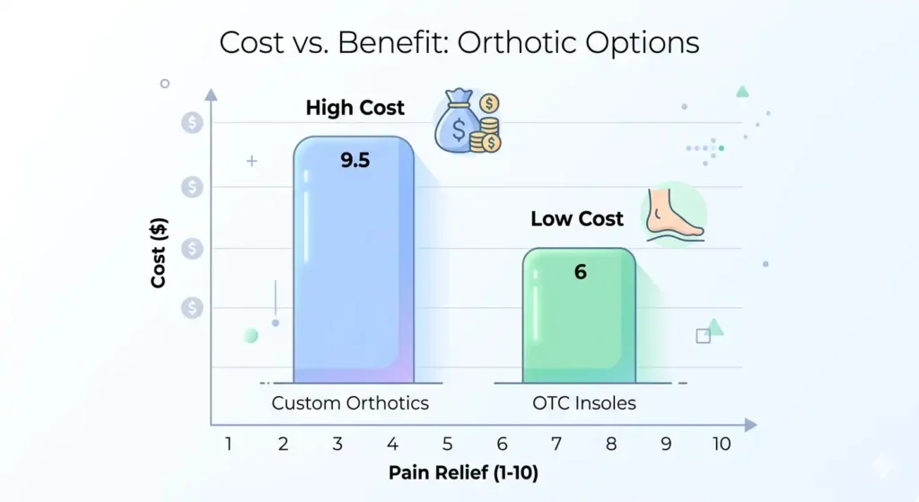 Flat‑design bar chart comparing pain relief (1‑10) versus cost, with two bars for custom orthotics (high relief, high cost) and OTC insoles (medium relief, low cost), with foot and money icons, title "Cost vs. Benefit: Orthotic Options