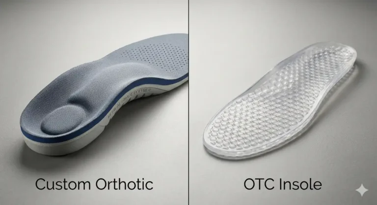 Split view comparing a custom‑molded orthotic (left) with arch support and firm heel cup versus a standard OTC gel insole (right) with uniform padding, on a grey background with labels.