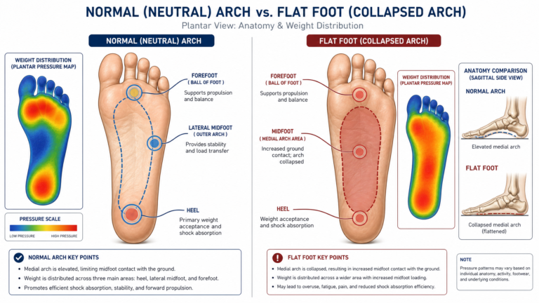 Flat feet and ball of foot pain connection medical illustration