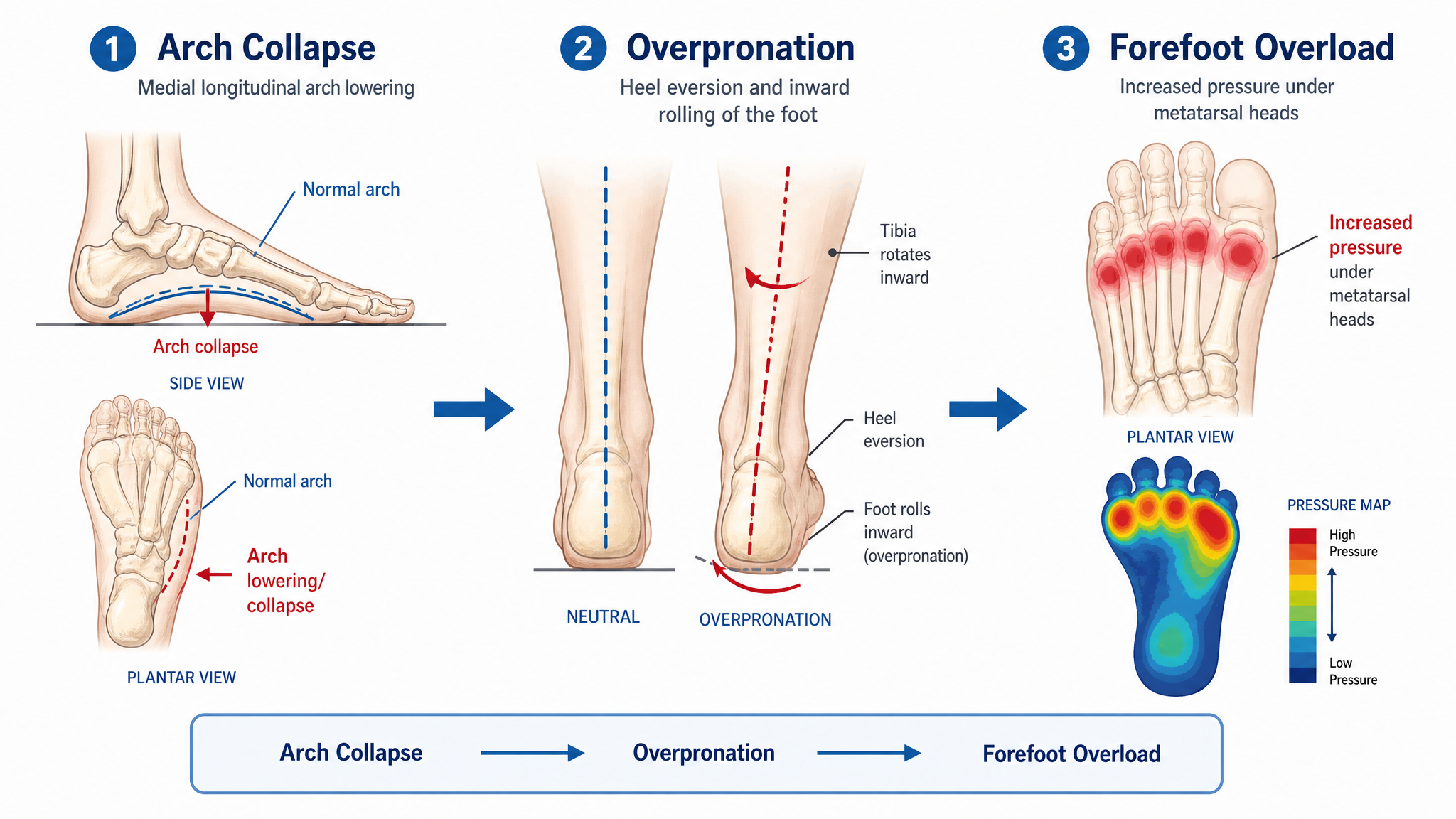 Mechanical cascade from arch collapse to forefoot overload diagram