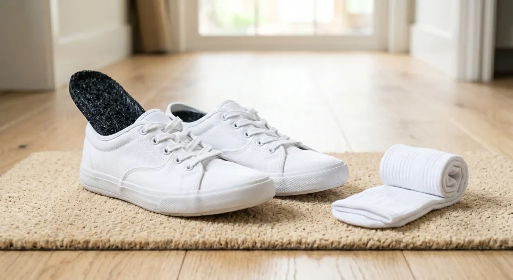 A pair of clean, fresh socks resting next to a pair of athletic running shoes fitted with charcoal insoles, implying dry and odor-free feet