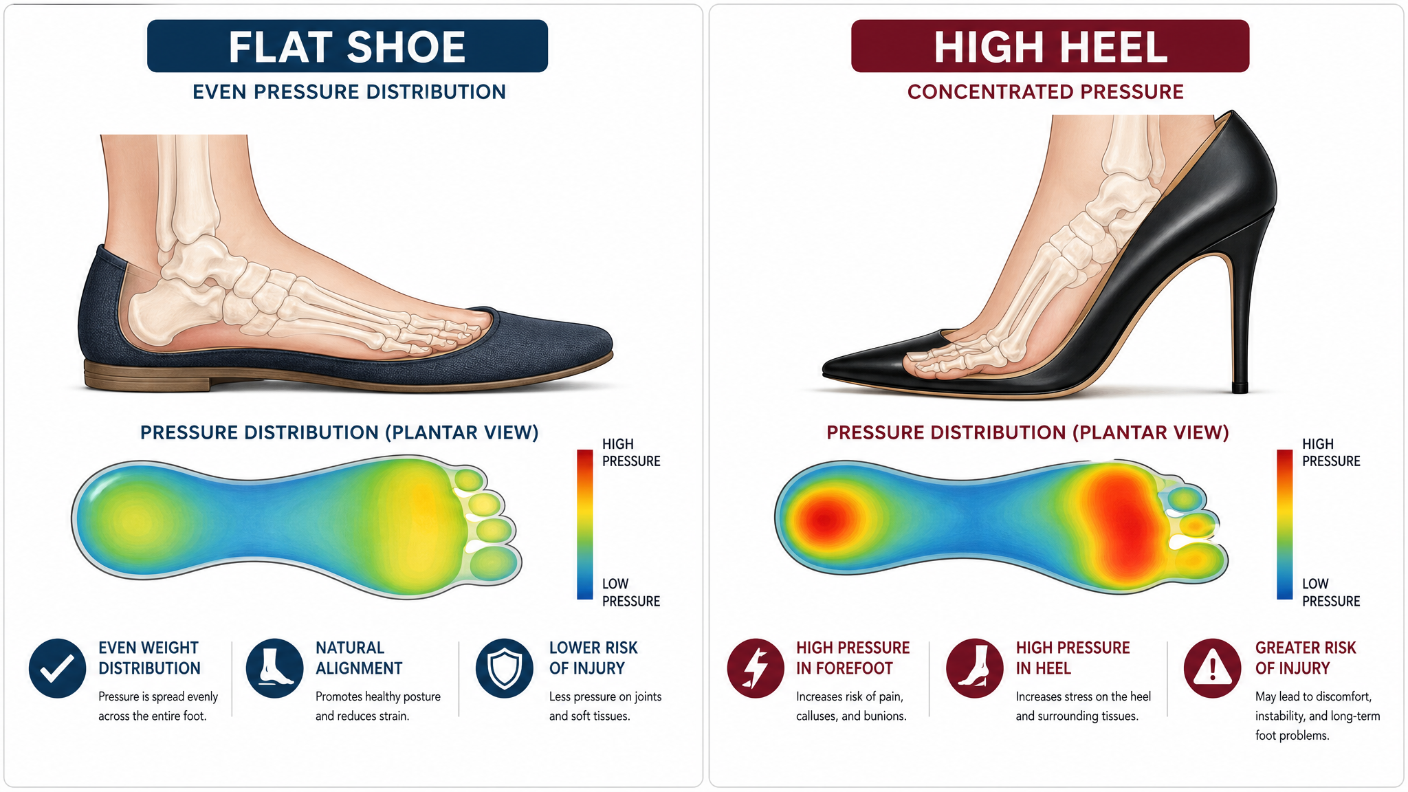 Forefoot pressure comparison flat shoes vs high heels infographic