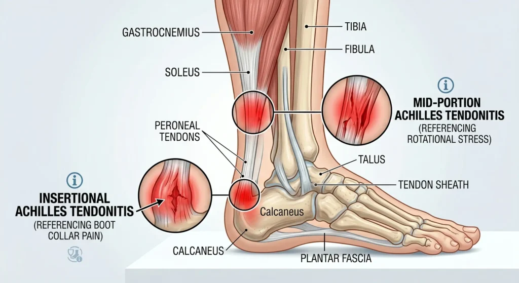 Medical illustration showing the two key types of Achilles tendonitis: insertional at the heel bone, and mid-portion above the heel.