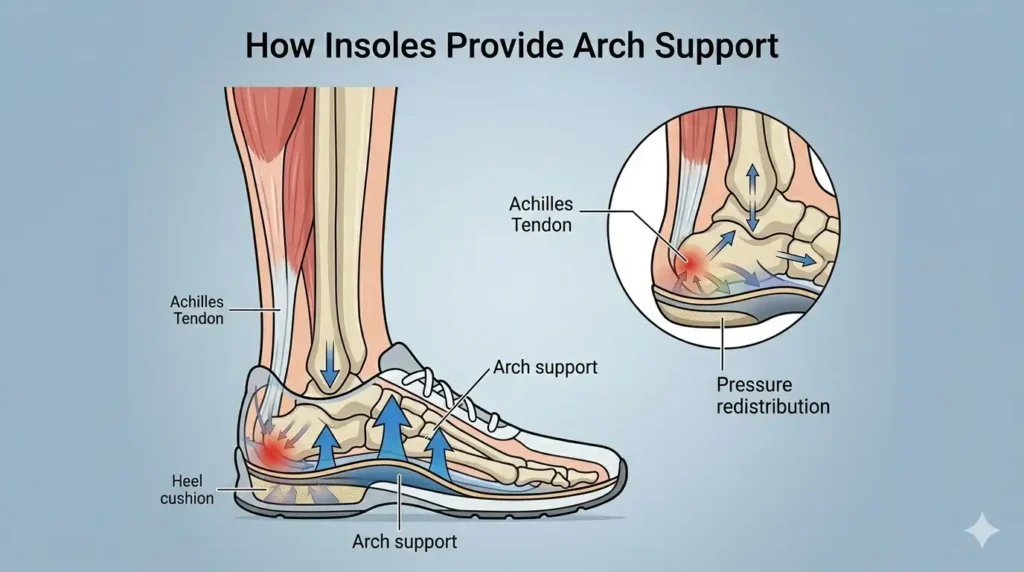 Cross‑section diagram of a foot inside a transparent shoe showing a contoured orthotic lifting the arch, with arrows indicating pressure redistribution and labels for arch support, heel cushion, and pressure redistribution.
