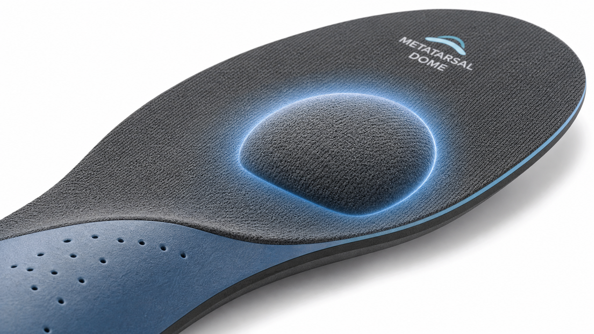 Close-up of metatarsal dome pad on orthotic insole for forefoot pain relief
