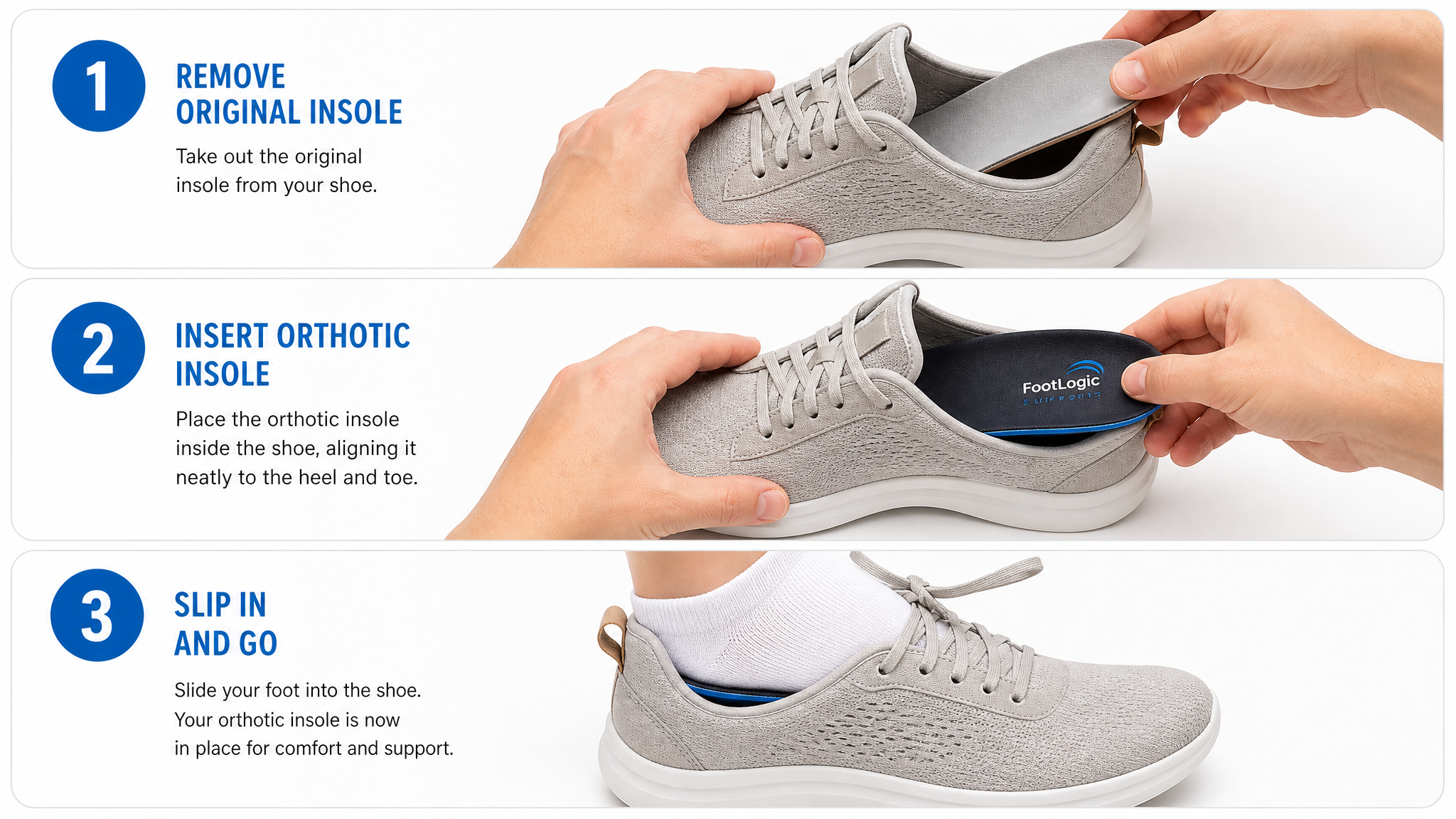 Step by step guide on how to insert orthotic insoles into shoes