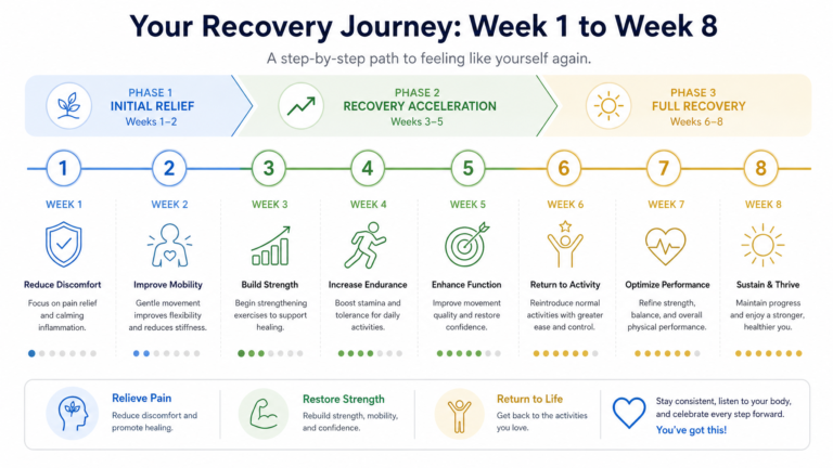 Metatarsalgia recovery timeline from week 1 to week 8 infographic