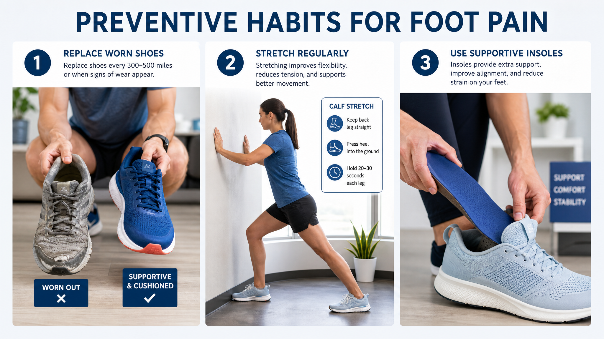 Preventing metatarsalgia recurrence shoe replacement stretching insoles