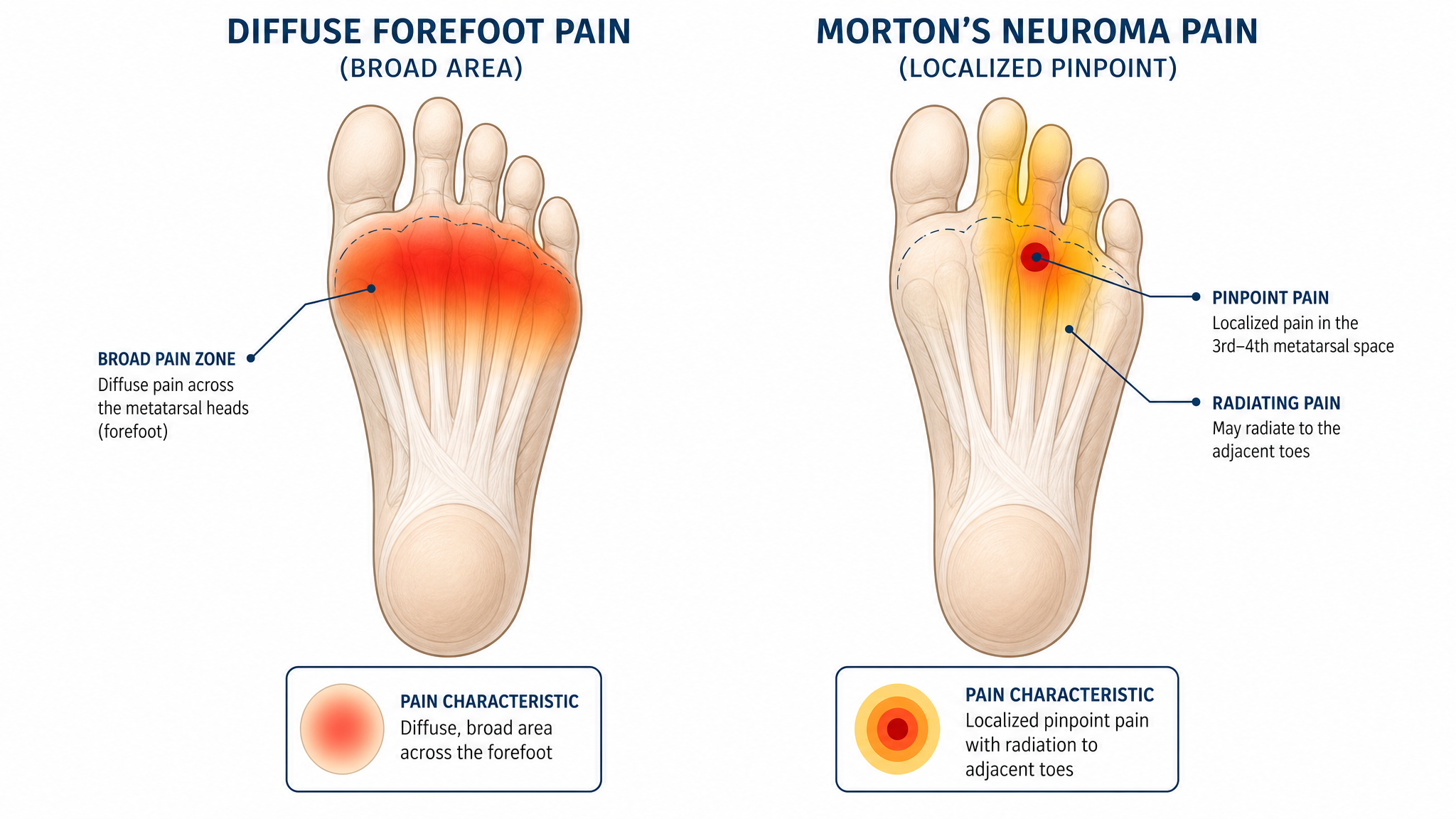 Pain location comparison metatarsalgia broad forefoot vs Morton's neuroma between toes