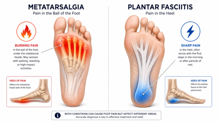 Metatarsalgia vs plantar fasciitis comparison foot pain locations