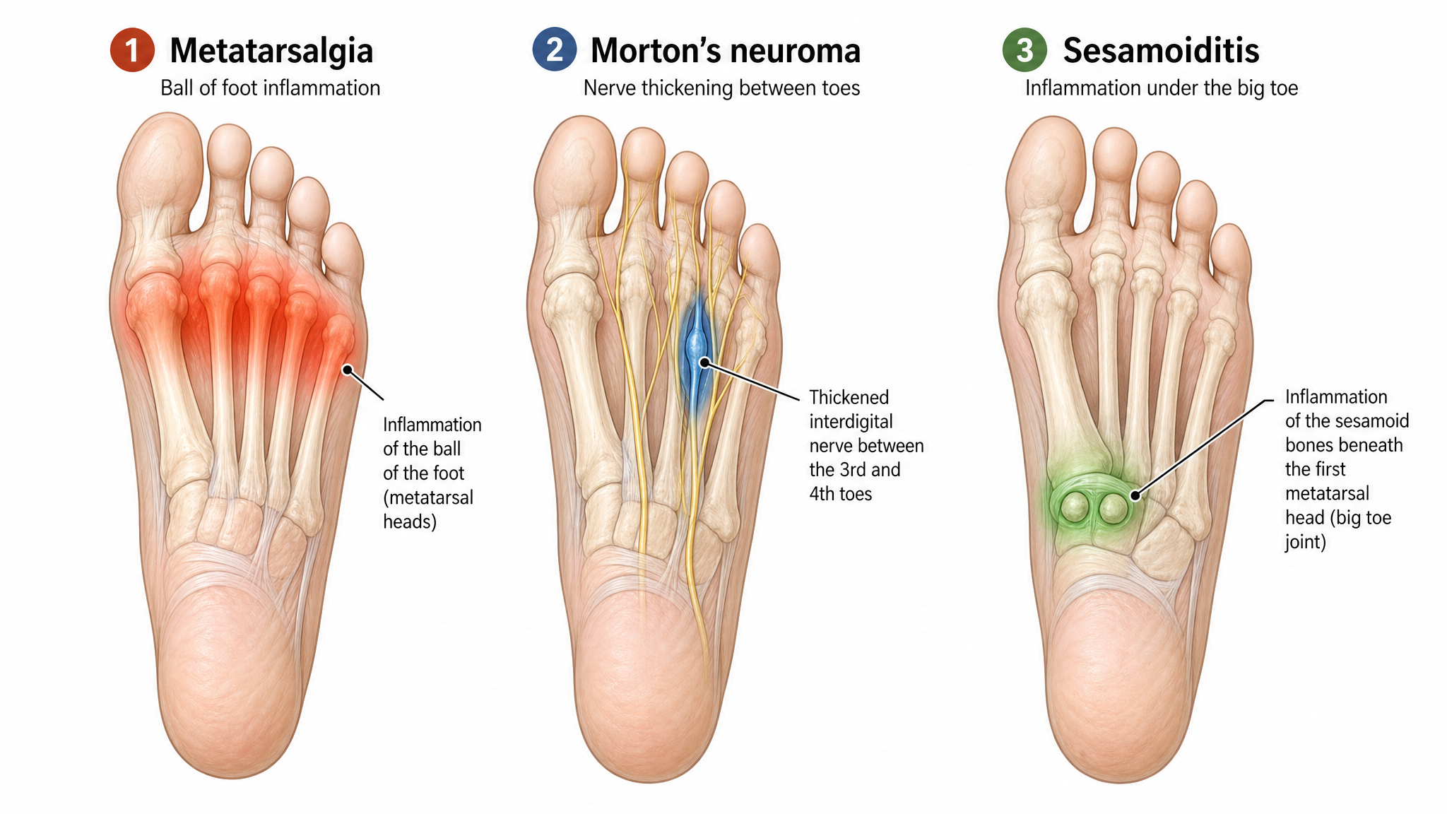 Comparison of common causes of forefoot pain including metatarsalgia, Morton's neuroma, and sesamoiditis