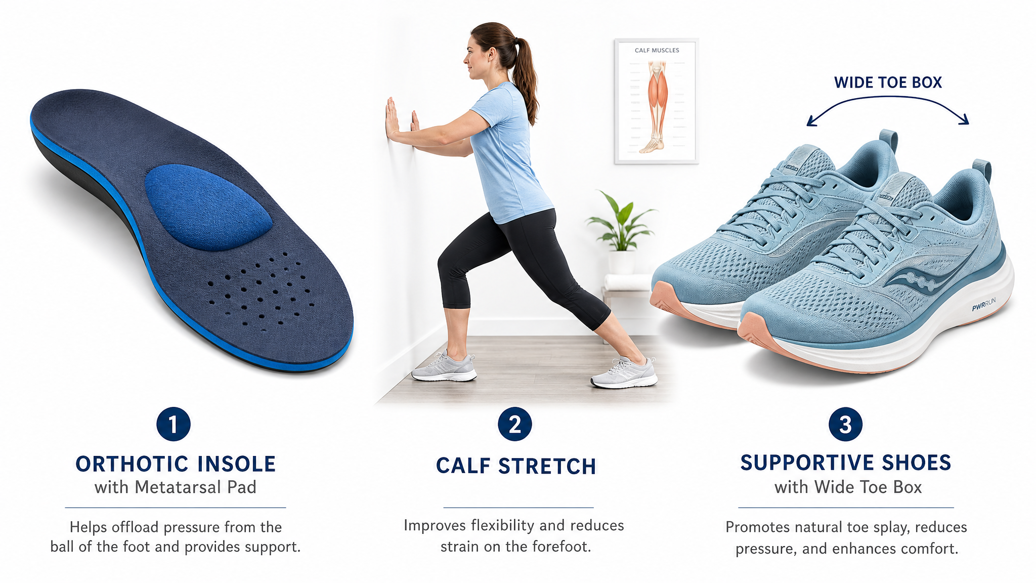 Treatment options for ball of foot pain including orthotic insoles, calf stretches, and supportive shoes