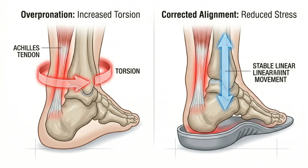 An graphic comparison illustration. The left panel shows foot overpronation causing Achilles twisting; the right panel shows a structured insole correcting alignment and reducing torsion