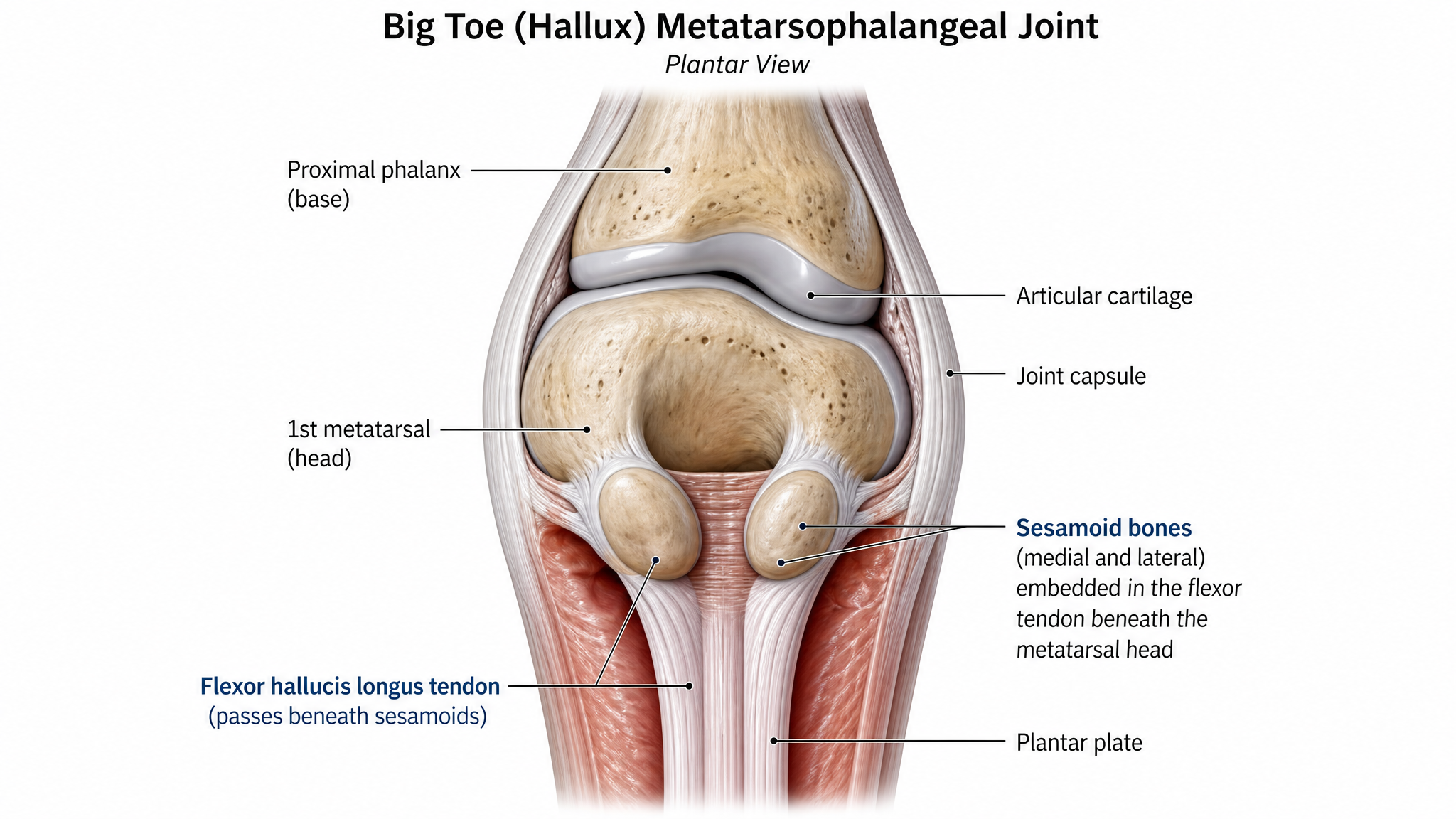 Sesamoid bones under big toe joint detailed anatomical diagram