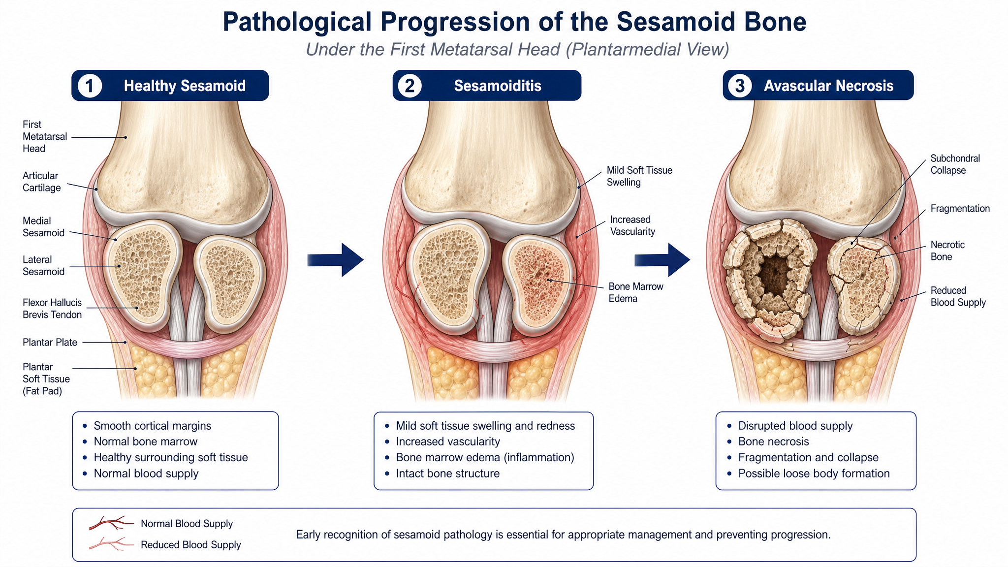 Sesamoiditis progression healthy sesamoid to avascular necrosis stages