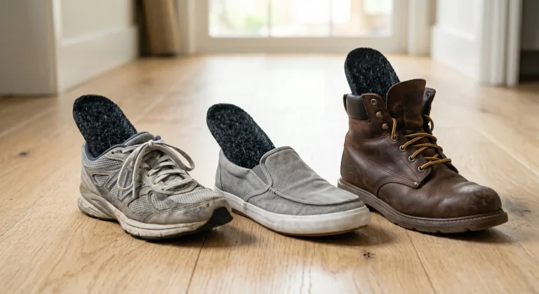 A collage showing charcoal insoles inside three different types of footwear: an athletic running shoe, a casual loafer, and a work boot.
