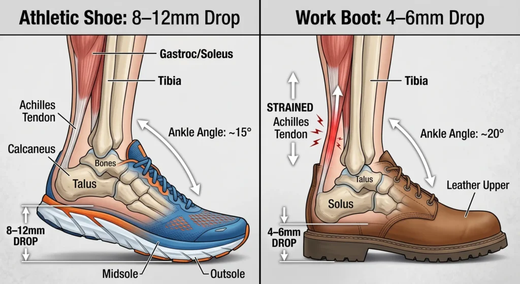 A comparison diagram showing the 4-6mm heel drop of a work boot versus the 8-12mm drop of an athletic shoe and its effect on Achilles tendon stretch.