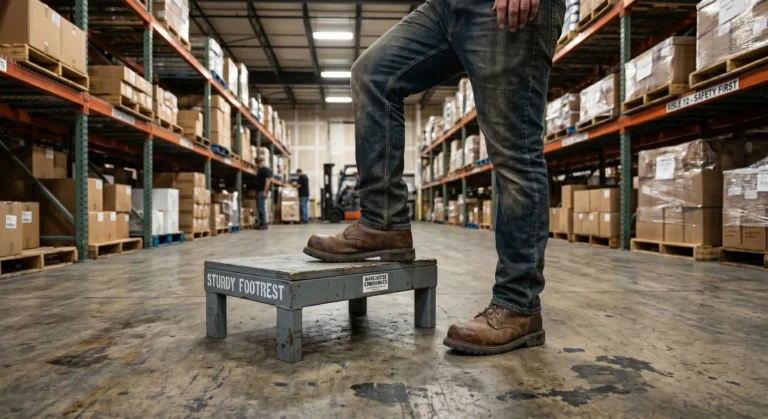 A realistic photograph of a worker's legs in heavy-duty boots standing on a concrete warehouse floor. One foot is elevated slightly on a low, sturdy footrest or step