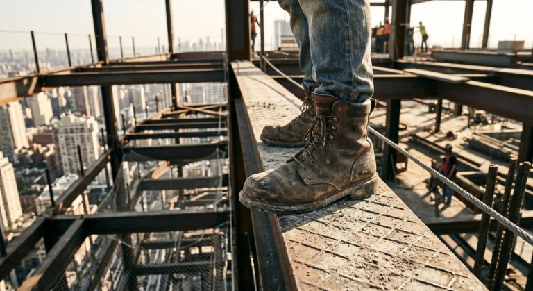 one men wearing boot on construction building